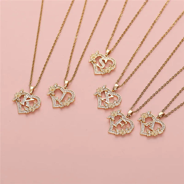 A-Z Letter Flower Heart Pendant Necklace