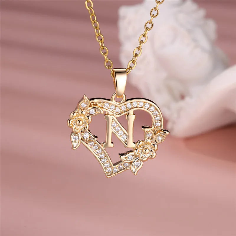 A-Z Letter Flower Heart Pendant Necklace